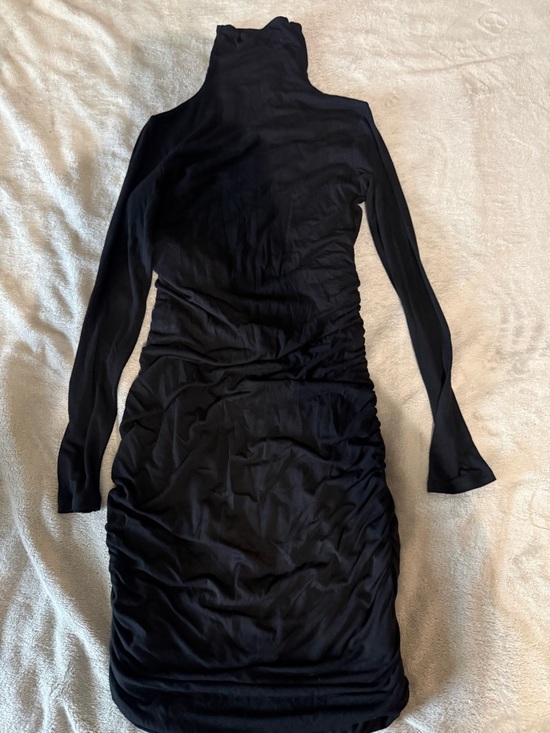 Halogen Black Ruched Turtleneck Bodycon Dress Midi Long Sleeve Stretch Pullover - Picture 4 of 5